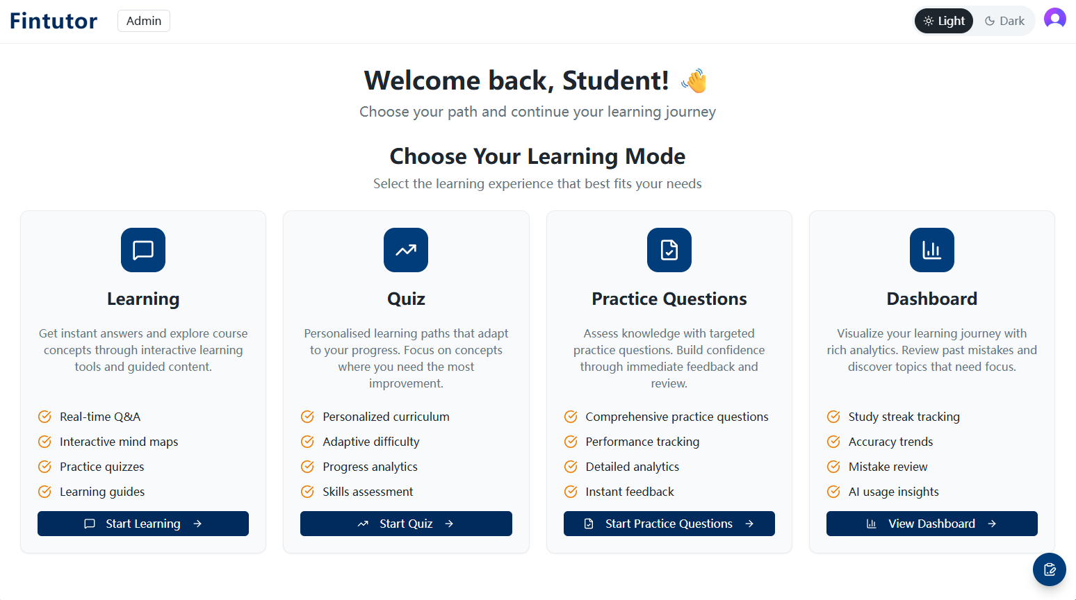 FinTutor learning workspace showing four learning modes